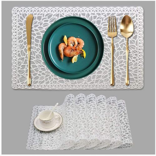  [아마존베스트]Kreatur Plastic White Waterproof Placemats Set of 6 for Dining Table Wipe Clean Washable Tablemats Vinyl PVC Table Mats for Kitchen