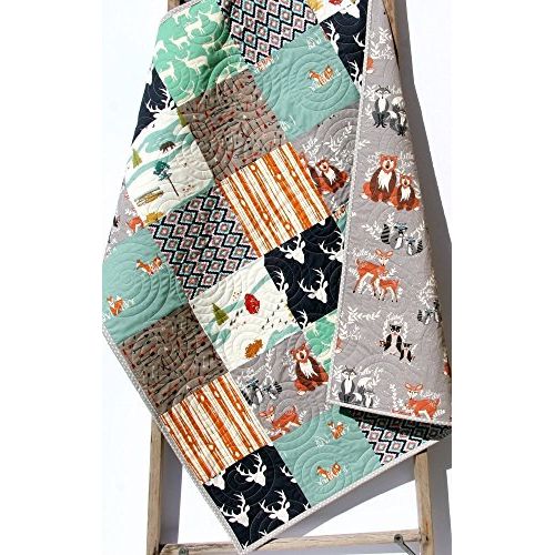  Kristin Blandford Designs Rustic Boy Quilt Modern Baby Bedding Arrows Woodland Animals Deer Bear Brown Navy Blue Mint Teal Green Orange Buck Fox Handmade Crib or Toddler Size Aztec Forest Nursery Crib Quilt