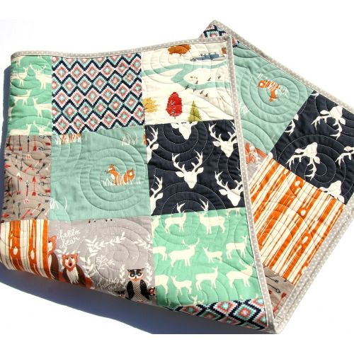  Kristin Blandford Designs Rustic Boy Quilt Modern Baby Bedding Arrows Woodland Animals Deer Bear Brown Navy Blue Mint Teal Green Orange Buck Fox Handmade Crib or Toddler Size Aztec Forest Nursery Crib Quilt