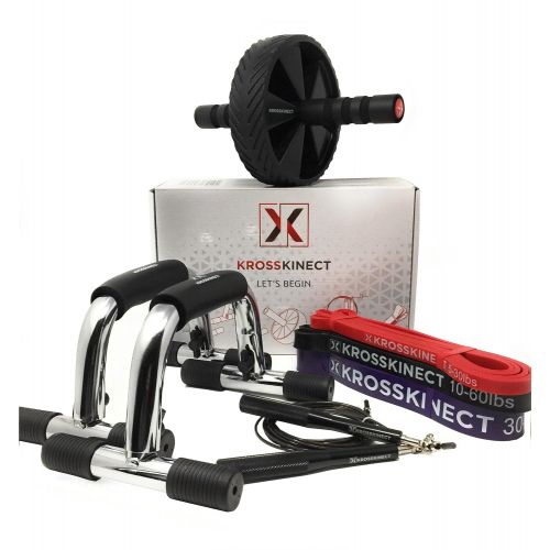  Kross Kinect Exercise Kit for Home or Gym - Push Up Bars, Ab Wheel, Jump Rope and 3 Resistance Bands (5-80 LBS)