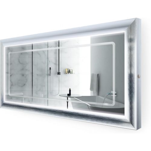  Krugg LED Lighted 60 Inch x 30 Inch Bathroom Satin Silver Framed Mirror w/Defogger