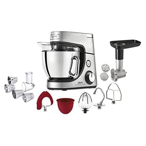  Krups KA631D Kuechenmaschine Master Perfect Gourmet; 1100 Watt; 8 Geschwindigkeiten; 4,6L Edelstahlschuessel; 5 Zubehoer: Back-Set, Flex-Bowl, Schnitzelwerk, Unterheber, Fleischwolf;