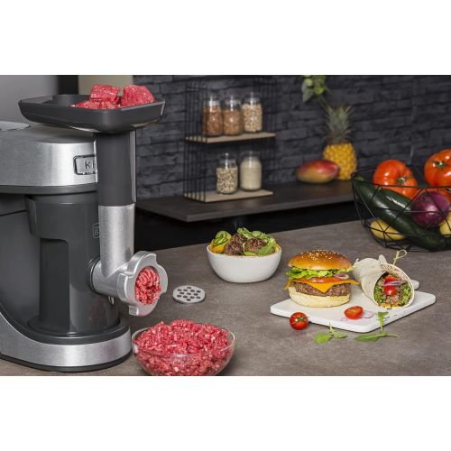  Krups KA631D Kuechenmaschine Master Perfect Gourmet; 1100 Watt; 8 Geschwindigkeiten; 4,6L Edelstahlschuessel; 5 Zubehoer: Back-Set, Flex-Bowl, Schnitzelwerk, Unterheber, Fleischwolf;