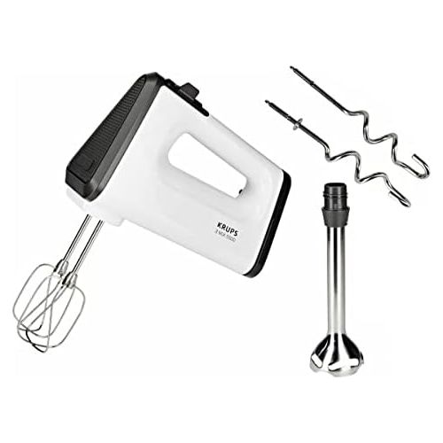  Krups 3 MIX 5500+ Handmixer GN5041 (500 W, 5 Geschwindigkeiten + Turbo- & Auswurftaste, ergonomischer Griff des Mixers, Schneebesen, Knethaken + inkl. Stabmixer aus Edelstahl) weiss