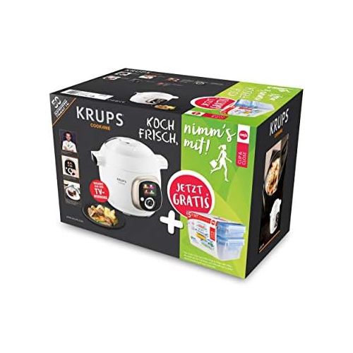  Krups CZ7001.GO Cook4Me Multikocher inkl. 5-teiliges Emsa Clip und Close Frischhaltedosen-Set (1200 Watt, Dampfgareinsatz, 6 Liter Fassungsvermoegen, 50 vorinstallierte Rezepte) wei