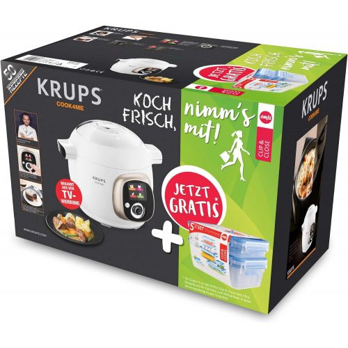  Krups CZ7001.GO Cook4Me Multikocher inkl. 5-teiliges Emsa Clip und Close Frischhaltedosen-Set (1200 Watt, Dampfgareinsatz, 6 Liter Fassungsvermoegen, 50 vorinstallierte Rezepte) wei