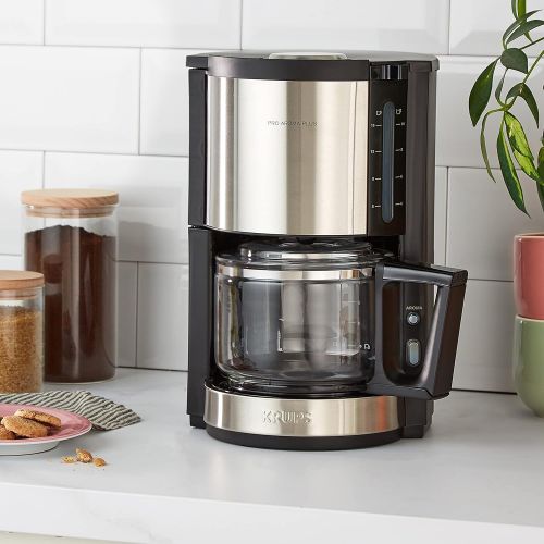  Krups KM321 Proaroma Plus Glas-Kaffeemaschine, 10 Tassen, 1100 W, modernes Design, schwarz mit Edelstahlapplikationen