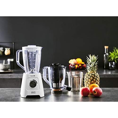  [아마존베스트]Krups KB42Q1 Blendforce 2-in-1 Stand Blender 600 Watt 6 Blades Powelix Technology 2 Speeds + Pulse Ice Crush Function Including: Mixing Container, Juice Container, White / Grey