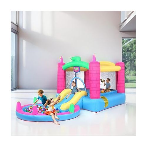  Ktaxon Bounce Inflatable House with 350W Air Blower, Jumping Children Outdoor Castle for Backyard, Park, Kindergarten, Bouncy Water Slide W/Pool, Carrying Bag - Capacity: 3 Kids