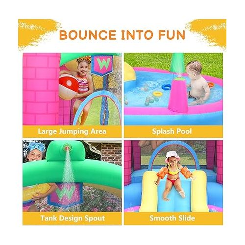  Ktaxon Bounce Inflatable House with 350W Air Blower, Jumping Children Outdoor Castle for Backyard, Park, Kindergarten, Bouncy Water Slide W/Pool, Carrying Bag - Capacity: 3 Kids