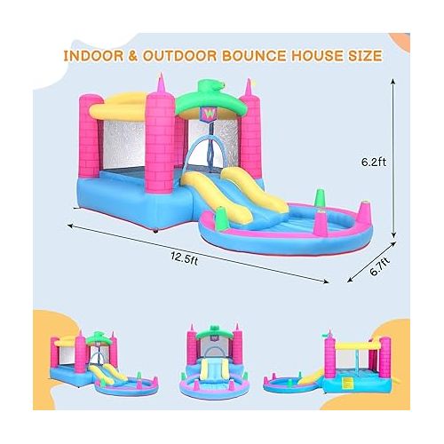  Ktaxon Bounce Inflatable House with 350W Air Blower, Jumping Children Outdoor Castle for Backyard, Park, Kindergarten, Bouncy Water Slide W/Pool, Carrying Bag - Capacity: 3 Kids