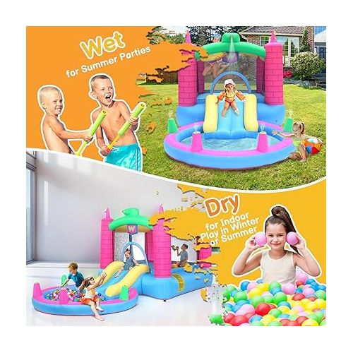  Ktaxon Bounce Inflatable House with 350W Air Blower, Jumping Children Outdoor Castle for Backyard, Park, Kindergarten, Bouncy Water Slide W/Pool, Carrying Bag - Capacity: 3 Kids