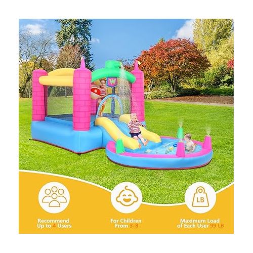  Ktaxon Bounce Inflatable House with 350W Air Blower, Jumping Children Outdoor Castle for Backyard, Park, Kindergarten, Bouncy Water Slide W/Pool, Carrying Bag - Capacity: 3 Kids