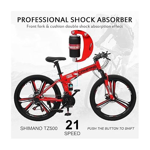  Ktaxon Foldable Mountain Bike 26 Inch Bike 21-Speed Bikes for Adults with Cool Design, Powerful Mechanical Dual Disc Brakes, Double Shock Effect and Ergonomic Cushion (Red/Black)