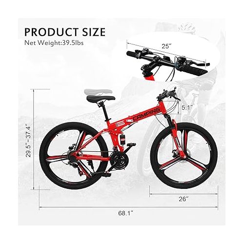  Ktaxon Foldable Mountain Bike 26 Inch Bike 21-Speed Bikes for Adults with Cool Design, Powerful Mechanical Dual Disc Brakes, Double Shock Effect and Ergonomic Cushion (Red/Black)