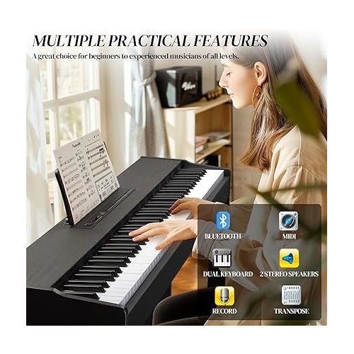  Ktaxon Digital Piano 88-Key Weighted Action Electric Piano with 3-Pedal Unit, Double Bluetooth, Split/Touch/Transpose Control Functions(Black)