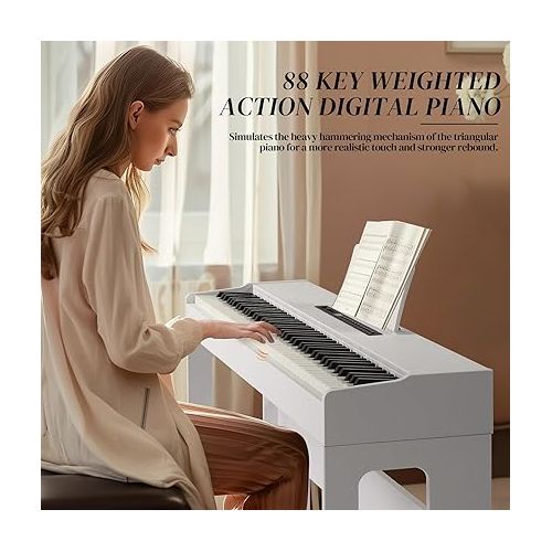  Ktaxon Digital Piano 88-Key Weighted Action Electric Piano with 3-Pedal Unit, Double Bluetooth, Split/Touch/Transpose Control Functions(White)