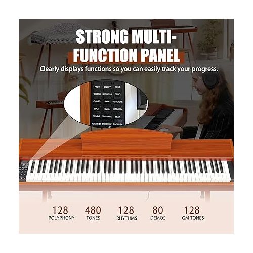  Ktaxon 88 Key Keyboard Piano Weighted Action Electronic Keyboard Piano, Digital Piano with 3-Pedal Unit, Removable Music Stand, Stereo Headphones, Compact Design and MIDI Connection(Natural)