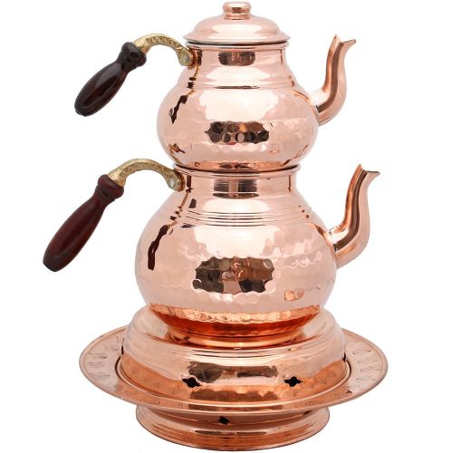  KuVav Cups Set of 2 Copper Teapots with Lids and Wood Handle, Teapot Warmer, Copper Heater, Copper Teapots, Hammered Copper Tea Pot, Turkish Tea, Copper Pot, Samovar