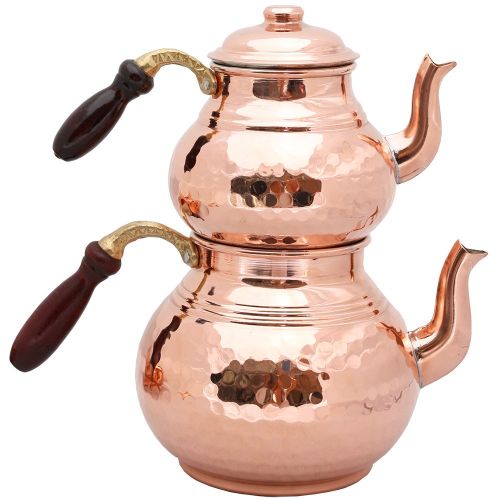  KuVav Cups Set of 2 Copper Teapots with Lids and Wood Handle, Teapot Warmer, Copper Heater, Copper Teapots, Hammered Copper Tea Pot, Turkish Tea, Copper Pot, Samovar