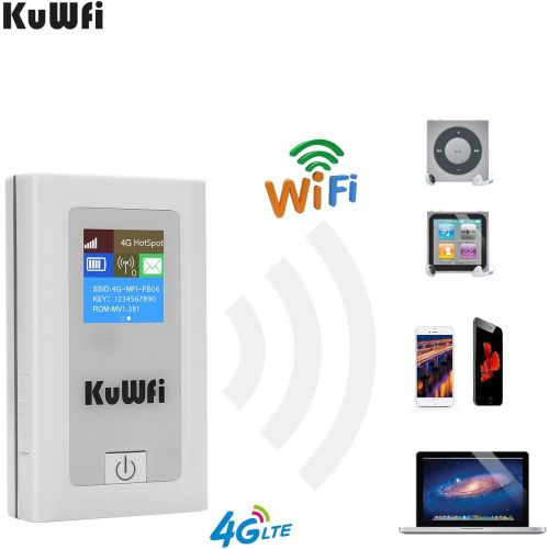  KuWFi Portable 5200mAH Power Bank 3G 4G Wireless Route 150Mbps cat4 4G Mobile WiFi Hotspot with SIM Card Slot Support AT&T Work with EU Asia (sim Card not Included) with LCD Displa
