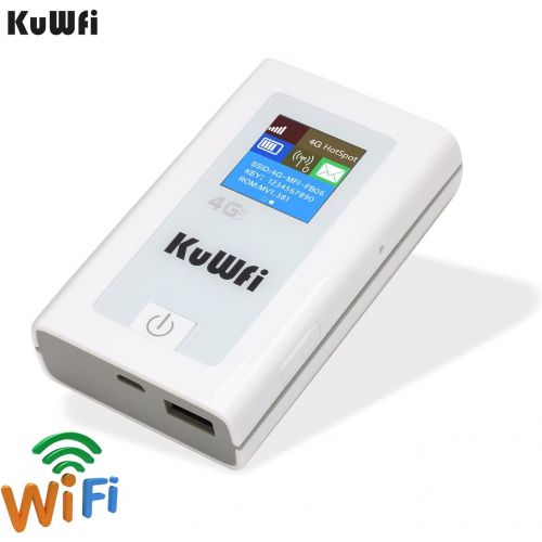  KuWFi Portable 5200mAH Power Bank 3G 4G Wireless Route 150Mbps cat4 4G Mobile WiFi Hotspot with SIM Card Slot Support AT&T Work with EU Asia (sim Card not Included) with LCD Displa