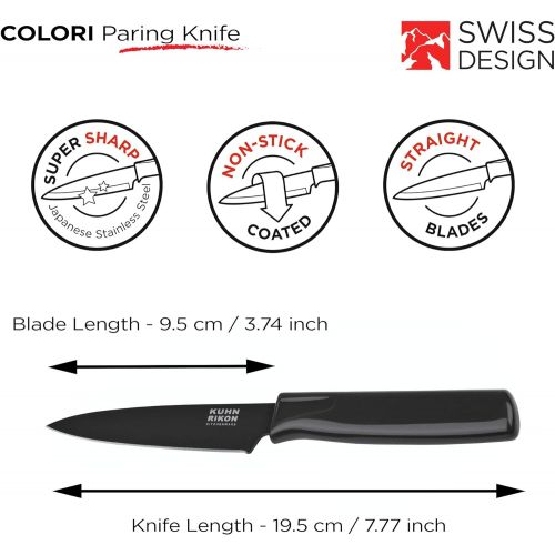  Kuhn Rikon COLORI Non-Stick Straight Paring Knife with Safety Sheath, 19.5 cm/7.77 inch, Black