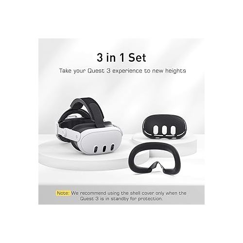  Kuject 3 in 1 Accessoris Set for Quest 3, Comfort Head Strap with Adjustable Hinge, Silicone Face Pad Cover, Shell Protective Cover, VR Accessories Bundle Compatible with Quest 3