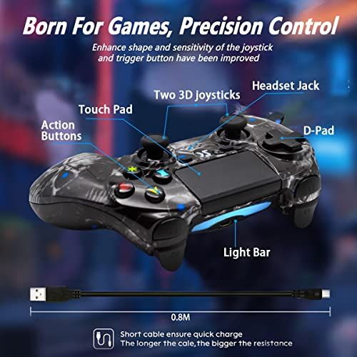  Kujian Wireless Controller for PS4, Black Skull Series Dual Vibration High Performance Gaming Controller for Playstation 4 /Pro/Slim/PC with Audio Function, Touch Pad, Motion Control