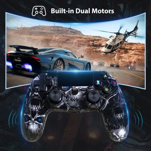  Kujian Wireless Controller for PS4, Black Skull Series Dual Vibration High Performance Gaming Controller for Playstation 4 /Pro/Slim/PC with Audio Function, Touch Pad, Motion Control