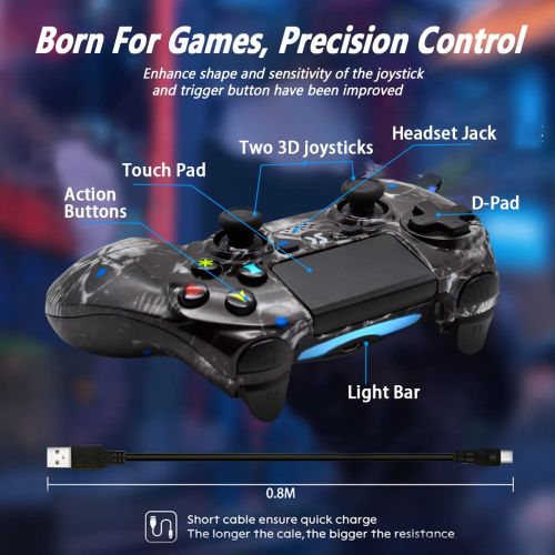  Kujian Wireless Controller for PS4, Black Skull Series Dual Vibration High Performance Gaming Controller for Playstation 4 /Pro/Slim/PC with Audio Function, Touch Pad, Motion Control