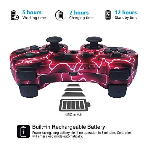  Kujian PS3 Controller 2 Pack Wireless 6-axis Thunderbolt Style Dual Vibration Gaming Controller for Sony Playstation 3 with Charging Cord