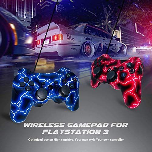  Kujian PS3 Controller 2 Pack Wireless 6-axis Thunderbolt Style Dual Vibration Gaming Controller for Sony Playstation 3 with Charging Cord