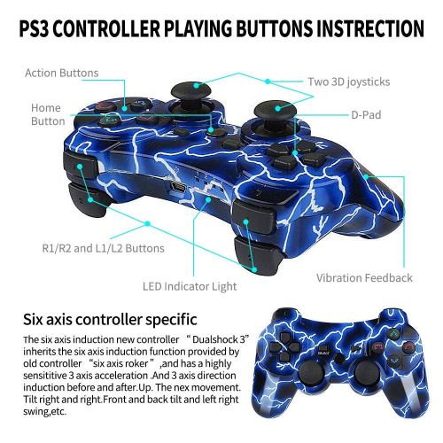  Kujian PS3 Controller 2 Pack Wireless 6-axis Thunderbolt Style Dual Vibration Gaming Controller for Sony Playstation 3 with Charging Cord
