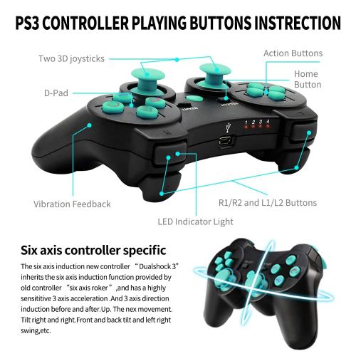  Kujian PS3 Controller 2 Pack Wireless 6-axis Double Shock Gaming Controller for Sony Playstation 3 with Motion Control, Charging Cord