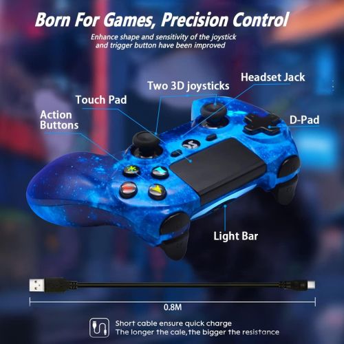  [아마존베스트]Kujian PS4 Controller Wireless, Blue Galaxy Style DS4 High Performance Dual Shock Controller for Playstation 4 /Pro/Slim with Audio Function, Mini LED Indicator, USB Cable