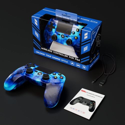  [아마존베스트]Kujian PS4 Controller Wireless, Blue Galaxy Style DS4 High Performance Dual Shock Controller for Playstation 4 /Pro/Slim with Audio Function, Mini LED Indicator, USB Cable