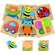 [아마존베스트]Kulariworld Wooden Jigsaw Puzzles Toys for Toddlers Boys Girls 1 2 3 Years Old 6 Pieces Preschool Educational Toy Gift with Vibrant Color Animal Vehicle Shapes