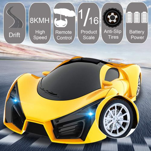  [아마존베스트]Kulariworld Remote Control Car 1/16 RC Super Cars Toys for Kids High Speed Vehicel Racing Hobby with Led Lights Best Gifts for Boys Girls (Yellow)