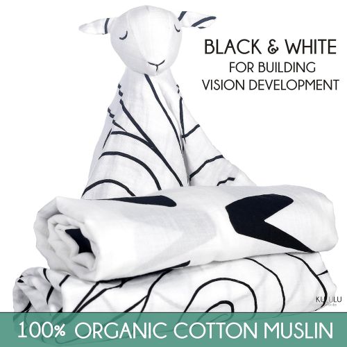 Kululu Premium Organic Cotton Muslin Swaddle Blankets &LULU The Lovey. 47X47, Perfect for Nursery Sets,Gender Neutral Baby Girl or Baby Boy Blanket by KULULU