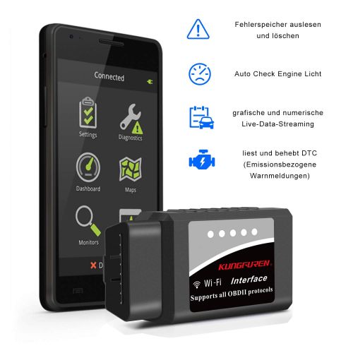  [아마존 핫딜]  [아마존핫딜]Kungfuren kungfuren OBD2 Diagnosegerat, WiFi OBD2 WLAN Diagnose Scanner fuer iOS iPhone Android Windows Torque EOBD OBDII fuer Auto Car PKW KFZ CAN Bus Interface Code Leser Fehlerspeicher lese