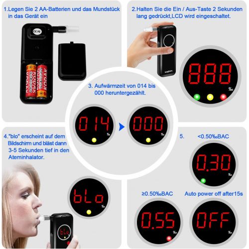  [아마존 핫딜]  [아마존핫딜]Kungfuren kungfuren Alkoholtester, Akkurater Promilletester Professioneller Atemalkoholmessgerat Halbleiter Sensorik Digitaler LCD Polizeigenau Alkohol Tester mit 6 Mundstuecke und 1 Stofftas