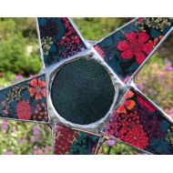 KurtKnudsen Jewel-tone Ann Star- 9.5 inch lacquered Liberty of London fabric under glass with art glass cabochon center
