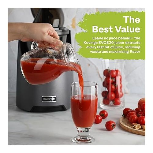  Kuvings Whole Slow Juicer EVO820GM - Higher Nutrients and Vitamins, BPA-Free Components, Easy to Clean, Ultra Efficient 240W, 50RPMs, Includes Smoothie and Blank Strainer-Gun Metal