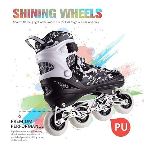  Kuxuan Skates Adjustable Inline Skates for Kids and Youth with Full Light Up Wheels Camo Outdoor Fun Illuminating Skates for Girls and Boys Beginner