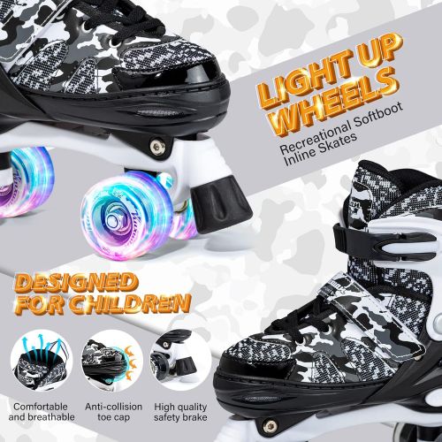  Kuxuan Skates Boys and Girls Camo Adjustable Roller Skates with Light up Wheels, Fun Illuminating Roller Blading for Kids Girls Youth