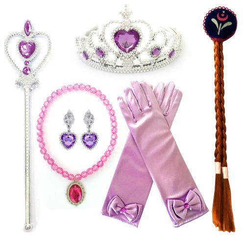  Kuzhi Frozen Princess Elsa Dress up Party Accessories 6 Pcs Set - Gloves,Tiara,Wand,Necklace,Wig & Earrings