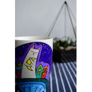 /KvitkaMargarita Cat and Moon Coffee Mug Night City and Warm Atmosphera Nice Gift for Important People Hanpainted Personalized Unique Present