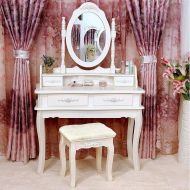 kwantasmile White Vanity Makeup Dressing Table Set w/Stool 4 Drawer&Mirror Jewelry Wood Desk