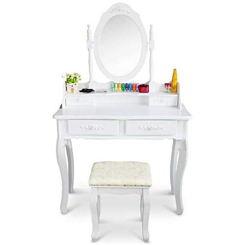  kwantasmile White Vanity Makeup Dressing Table Set w/Stool 4 Drawer&Mirror Jewelry Wood Desk